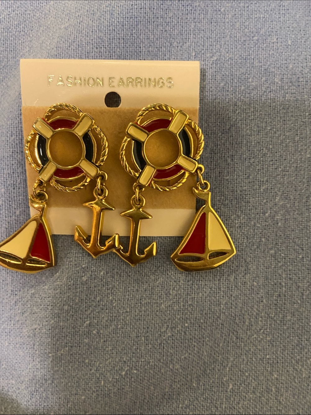 Nautical Gold Anchor & Sailboat Kids Earrings - Red and Black